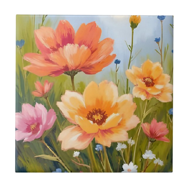 Wildflower Field | Watercolor Flowers Botanical Ceramic Tile (Front)