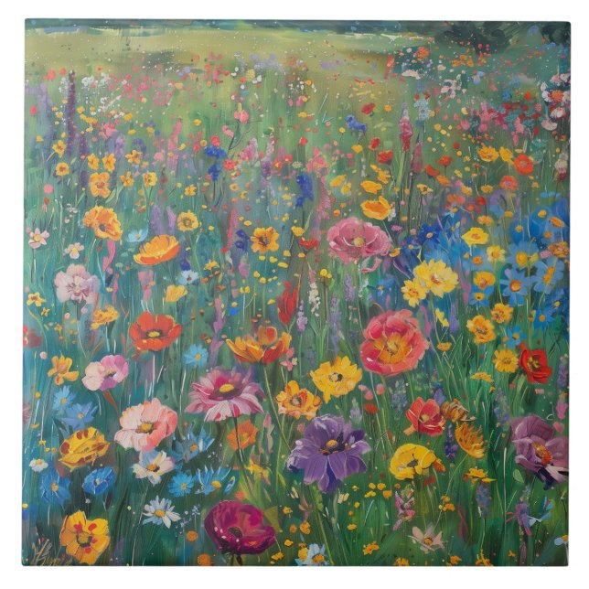 Wildflower field watercolor painting ceramic tile (Front)
