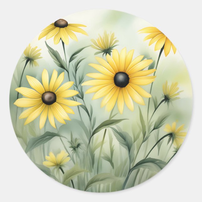 Wildflower Field with Black Eyed Susans Classic Round Sticker (Front)