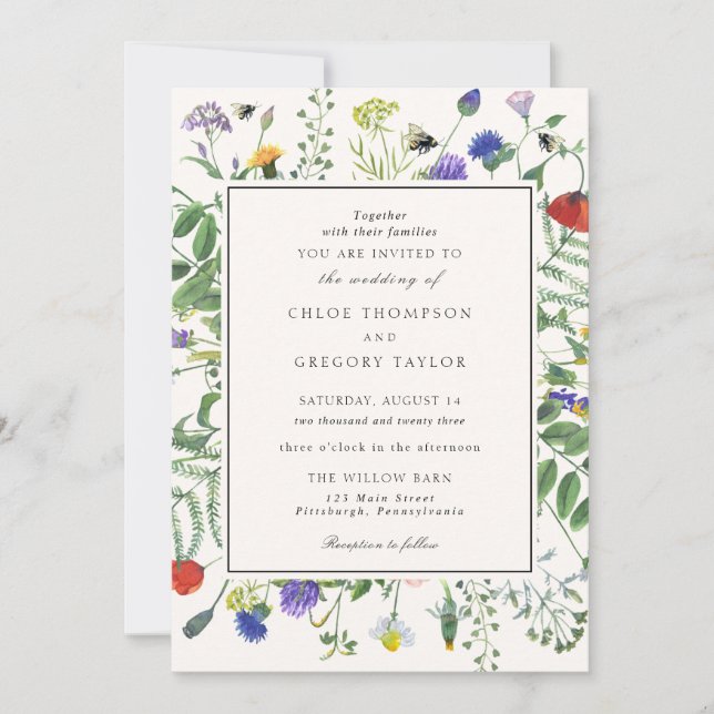 Wildflower Fields and Honey Bees Wedding Invitation (Front)