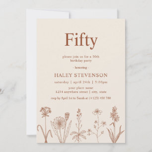 Wildflower Fifty Beige Terracotta 50th Birthday Invitation