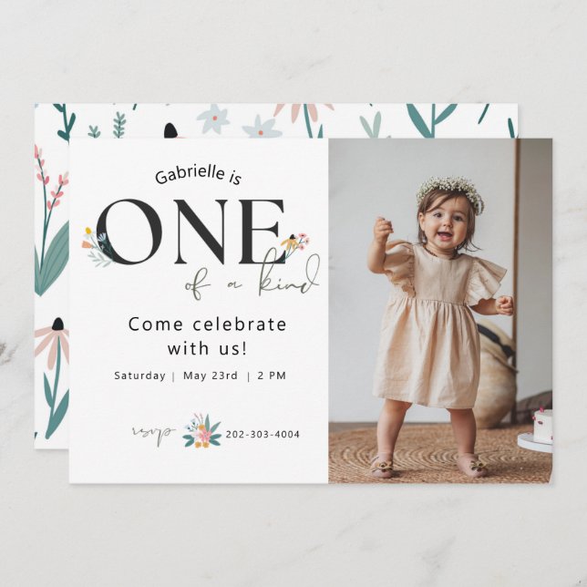 Wildflower First Birthday Photo Invitation (Front/Back)