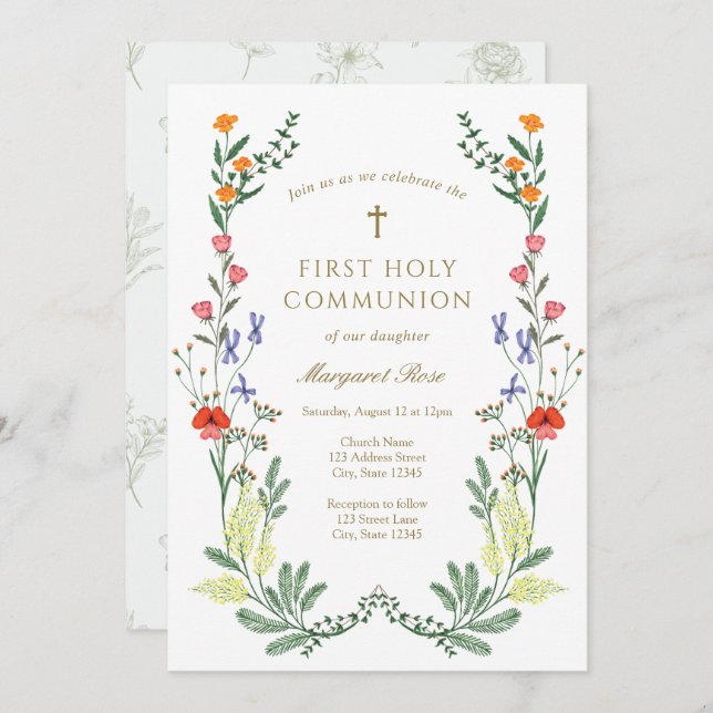 Wildflower First Holy Communion Invitation (Front/Back)