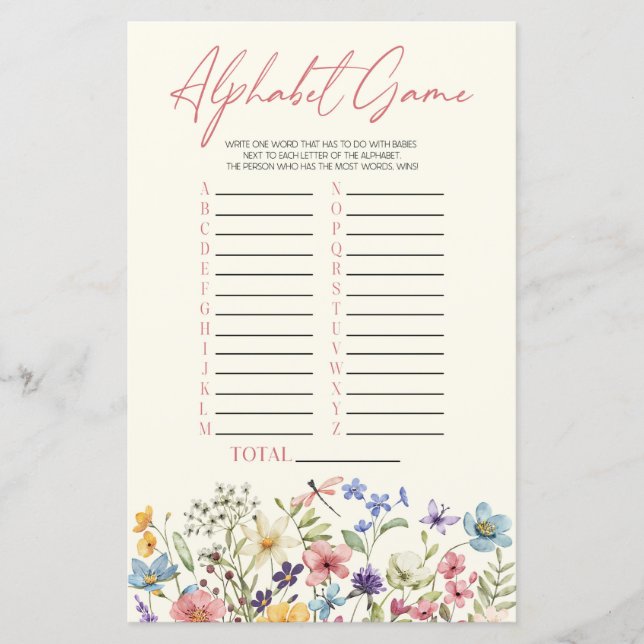 Wildflower Floral Alphabet Baby Shower Game (Front)