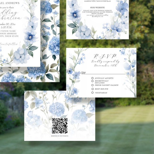 Wildflower Floral Blue and White Elegant Wedding RSVP Card (Creator Uploaded)