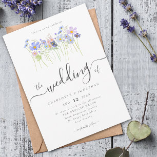 Wildflower Floral Blue Pink Wedding Invitation