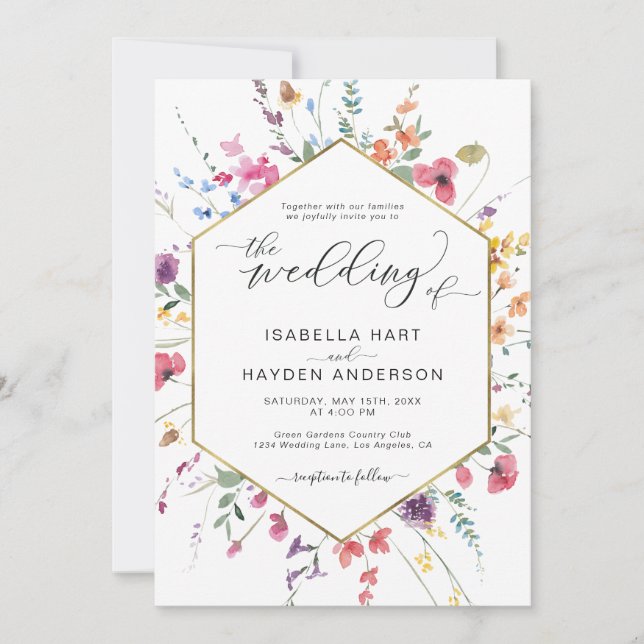 Wildflower Floral Boho Botanical Gold Wedding Invi Invitation (Front)