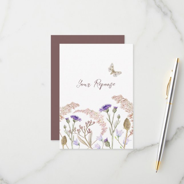 Wildflower floral brown fall wedding simple RSVP card (Front/Back In Situ)
