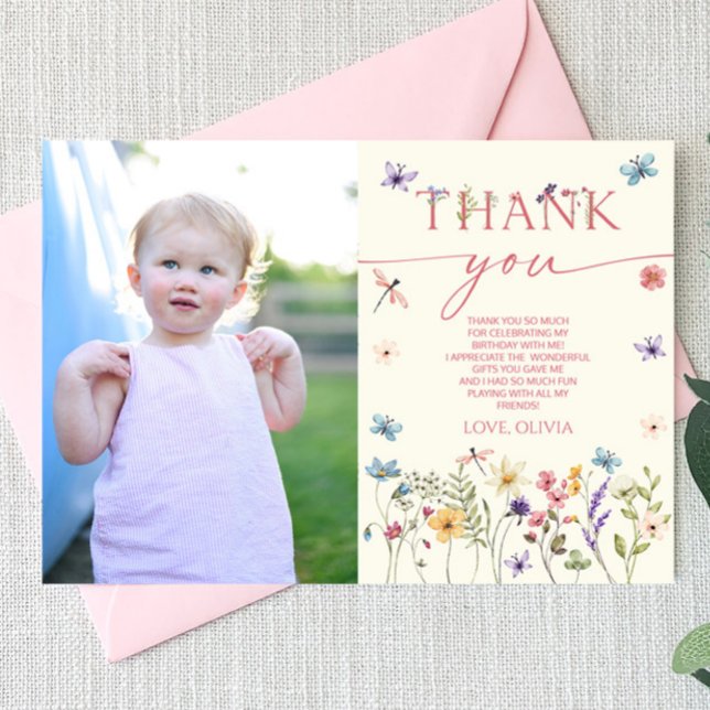 Wildflower Floral Butterfly Picture Birthday Party Thank You Card (Creator Uploaded)