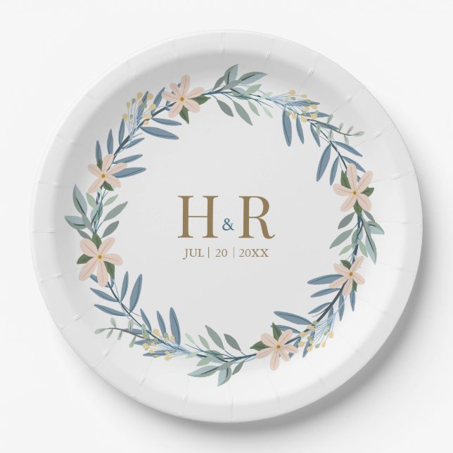 Wildflower Floral Crown Wedding Initials Paper Plate (Front)