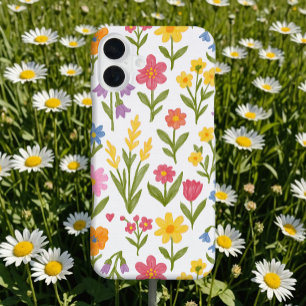 Wildflower Floral Cute Colourful Doodle On White iPhone 16 Plus Case