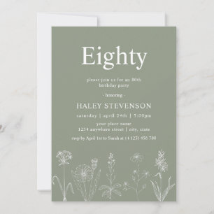 Wildflower Floral Eighty Sage Green 80th Birthday Invitation