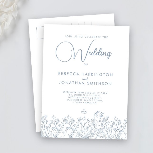 Wildflower Floral Elegant Dusty Blue Wedding Invitation Postcard (Creator Uploaded)