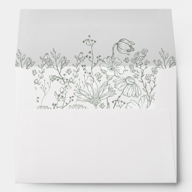 Wildflower Floral Elegant Green Wedding  Envelope (Back (Bottom))