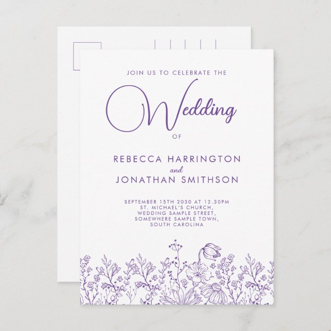 Wildflower Floral Elegant Lilac Wedding Invitation Postcard (Front/Back)