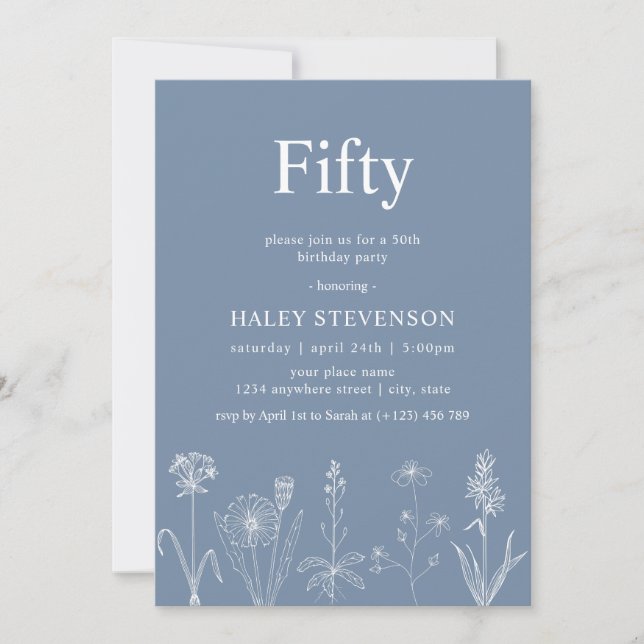 Wildflower Floral Fifty Dusty Blue 50th Birthday Invitation (Front)