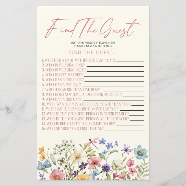 Wildflower Floral Find The Guest Baby Shower Game (Front)