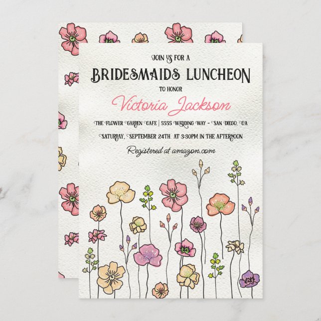 Wildflower floral garden Bridal Shower Hand drawn Invitation (Front/Back)