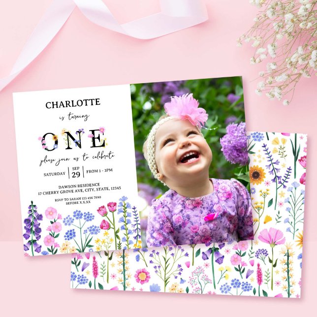 Wildflower Floral Girl First Birthday Spring Photo Invitation (Wildflower Floral Girl First Birthday Spring Photo Invitation)