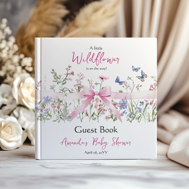Wildflower Floral Girl Pink Bow Baby Shower Guest Book (Creator Uploaded)