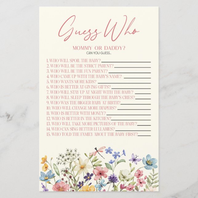 Wildflower Floral Guess Who Baby Shower Game (Front)