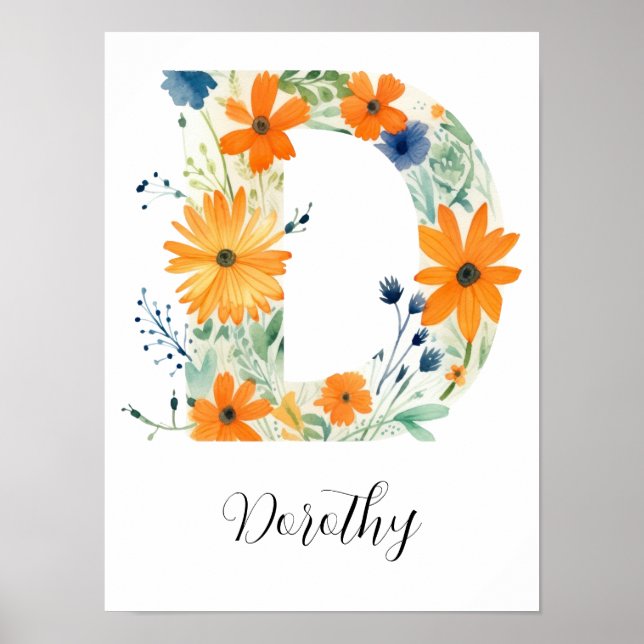 Wildflower Floral Initial Letter D Print (Front)