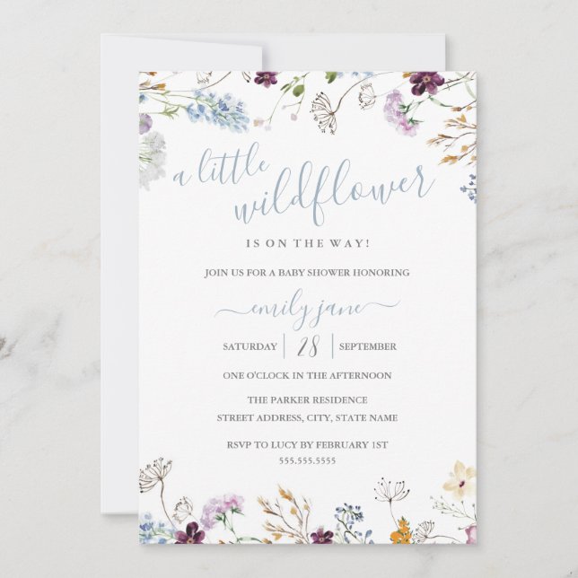 Wildflower Floral Nature Blue Baby Shower  Invitation (Front)