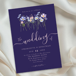 Wildflower Floral Navy Blue Blush Pink Wedding Invitation