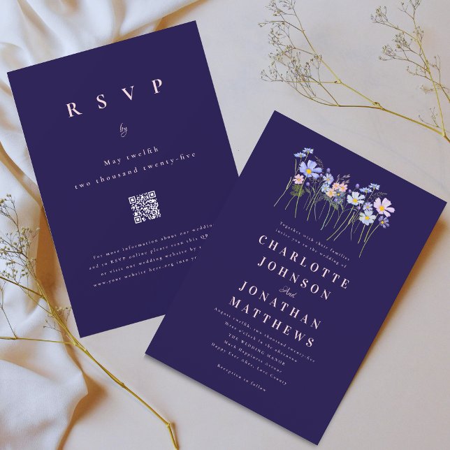 Wildflower Floral Navy Blue Pink Wedding QR Code Invitation (Elegant wildflower meadow watercolor floral navy blue blush pink wedding qr code invitation )