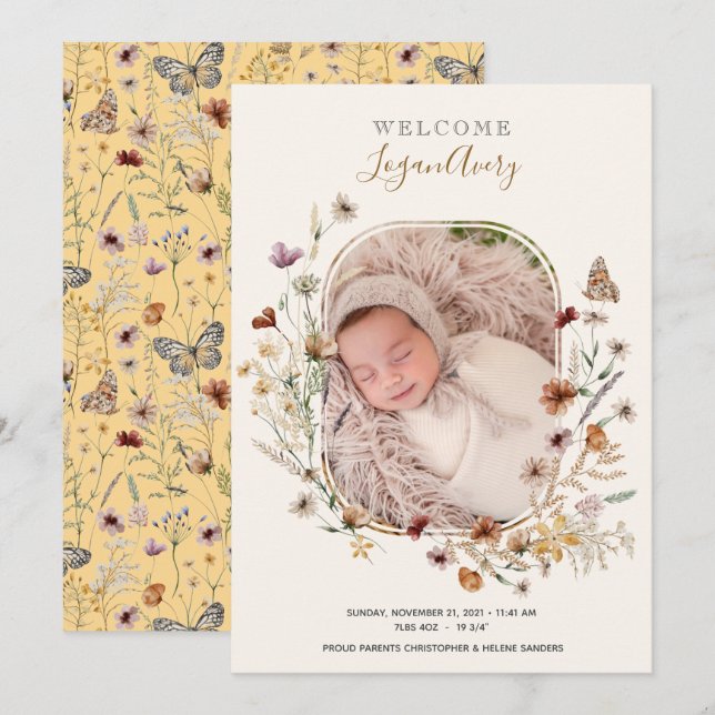 Wildflower Floral New Baby Birth Photo Announcemen Announcement (Front/Back)