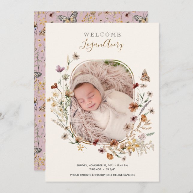 Wildflower Floral New Baby Birth Photo Announcement (Front/Back)