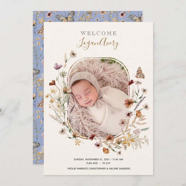 Wildflower Floral New Baby Birth Photo Announcement (Front/Back)
