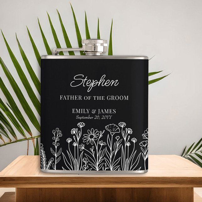 Wildflower Floral Outline Any Colour Wedding Gift Hip Flask (Wildflower Wedding Party Gift to personalize for the father of the groom, groomsmen ..)