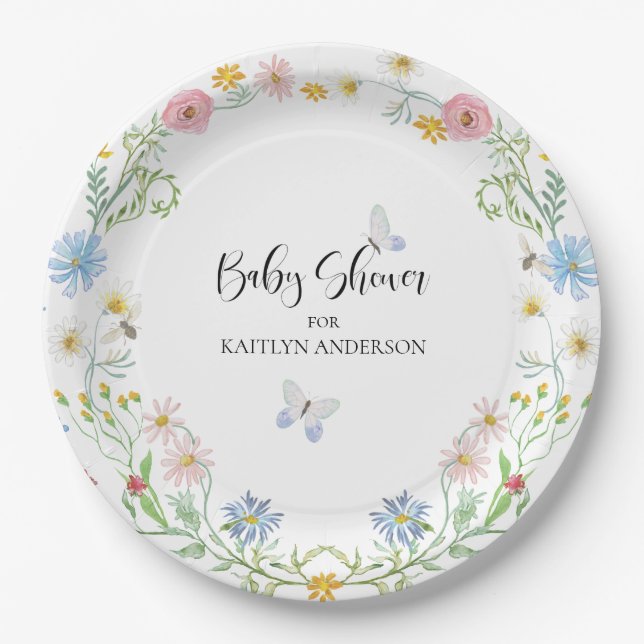 Wildflower Floral Pink Blue Butterfly Baby Shower Paper Plate (Front)