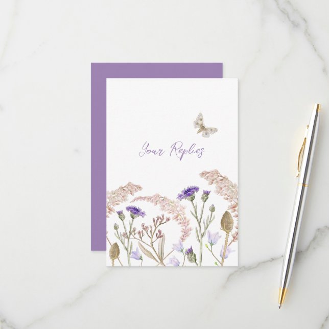 Wildflower floral purple fall wedding simple RSVP card (Front/Back In Situ)