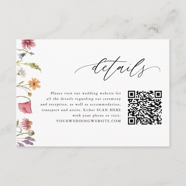 Wildflower Floral QR Code Wedding Details Cards (Front)