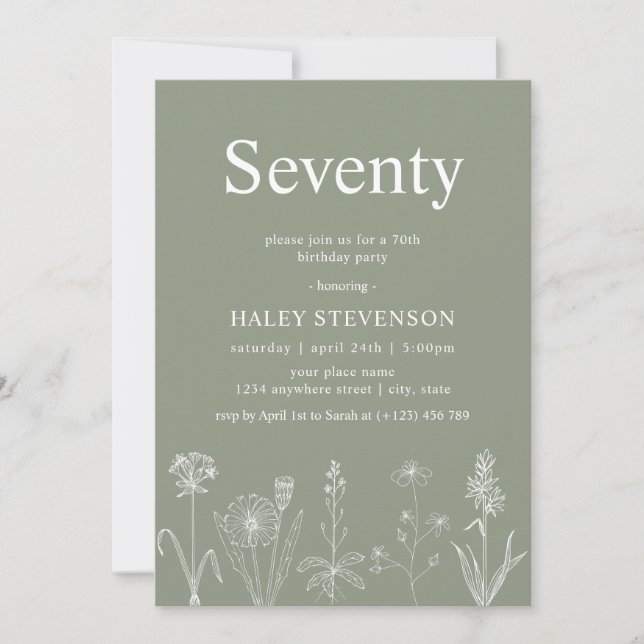 Wildflower Floral Seventy Sage Green 70th Birthday Invitation (Front)