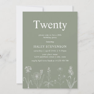 Wildflower Floral Twenty Sage Green 20th Birthday Invitation
