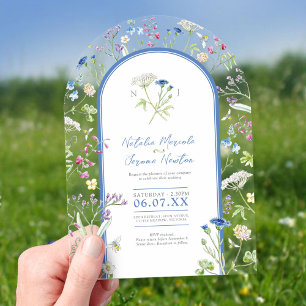Wildflower floral watercolor art blue arch wedding acrylic invitations