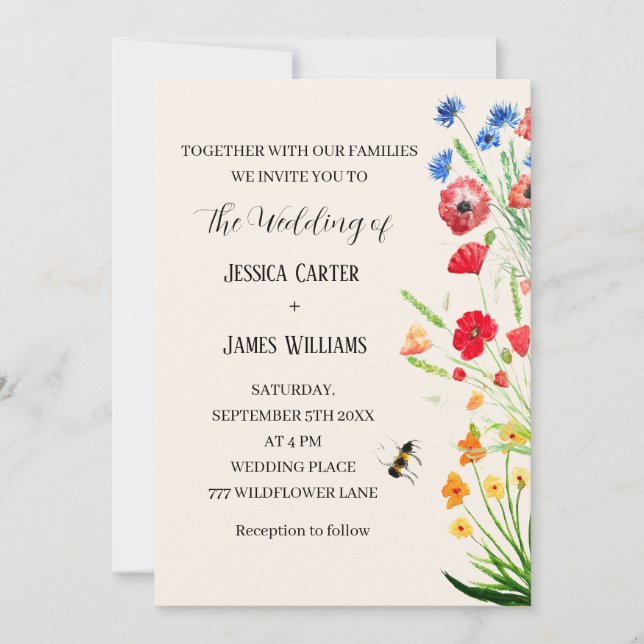 Wildflower Floral Watercolor Boho Rustic Wedding Invitation (Front)
