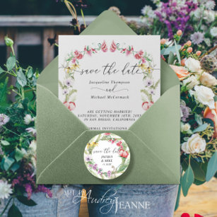 Wildflower Floral Watercolor Script Save the Date  Classic Round Sticker