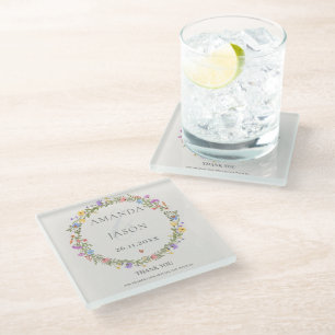 Wildflower Floral  Wreath Wedding Thank You Favour Glass Coaster