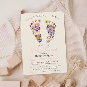 Wildflower Footprints Beige Baby Girl Shower Invitation