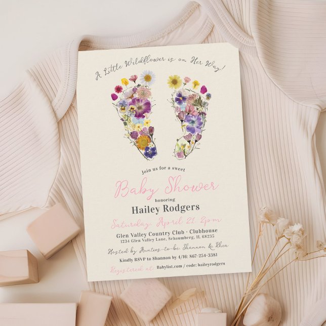 Wildflower Footprints Beige Baby Girl Shower Invitation (Little Wildflower Baby in Bloom beige pink gingham floral footprints baby girl shower invitation)