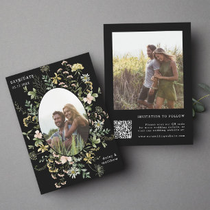 Wildflower Frame 2 Photo Wedding QR Code Black Save The Date