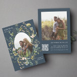 Wildflower Frame 2 Photo Wedding QR Code Navy Blue Save The Date<br><div class="desc">This elegant wedding save the date invitation features beautiful hand-painted watercolor wildflowers in pink,  yellow,  and green as an oval frame with a photo. For more advanced customisation of this design,  please click the BLUE DESIGN TOOL BUTTON above!  Matching items are also available.</div>