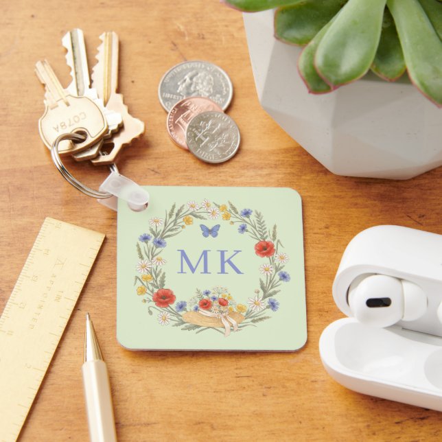 Wildflower Frame Butterfly Monogram Sage Key Ring (Desk)