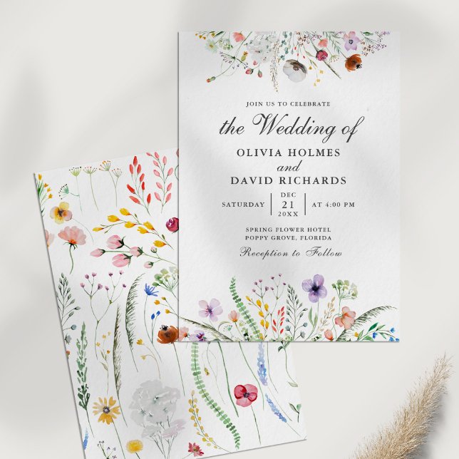 Wildflower Framed Wedding Invitation (Boho Watercolor Wildflower Meadow Wedding Invite on a white table.)