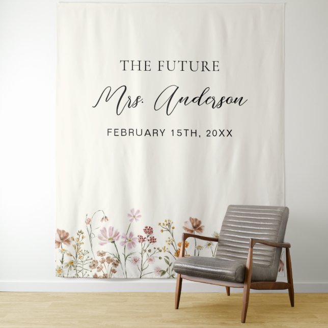 Wildflower Future Mrs. Photo Booth Backdrop Tapestry (In Situ)