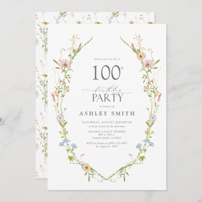 Wildflower Garden 100th Birthday Party Watercolor Invitation (Front/Back)